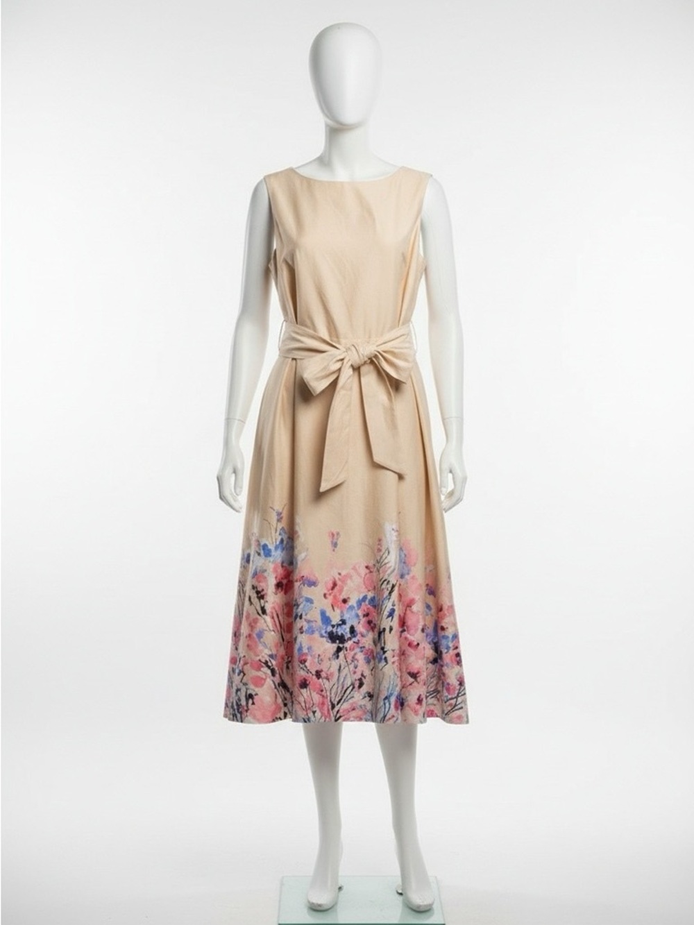 Anne Klein Cream Midi Dress with Floral Border and Waist Bow